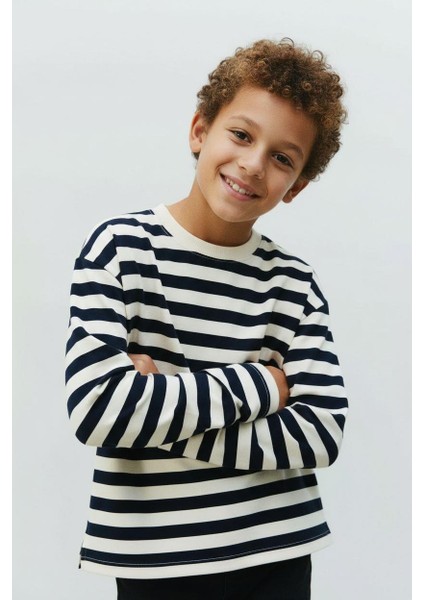 Unisex Çocuk Pamuklu Lacivert ve Mavi Çizgili Uzun Kollu T-Shirt 2'li Paket fırsatları