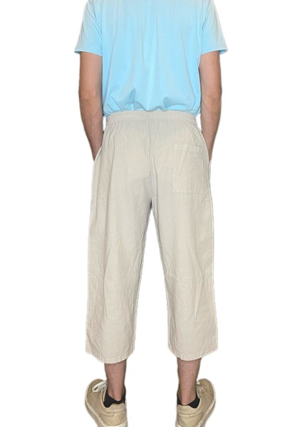 %100 Pamuk, Keten Kumaştan Beli Lastikli ve Bağcıklı Kapri Pantolon(Solma ve Çekme Yapmaz)