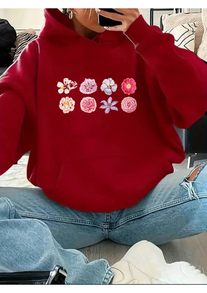 Çiçekler Baskılı Içi Polarlı Kapüşonlu Sweatshirt