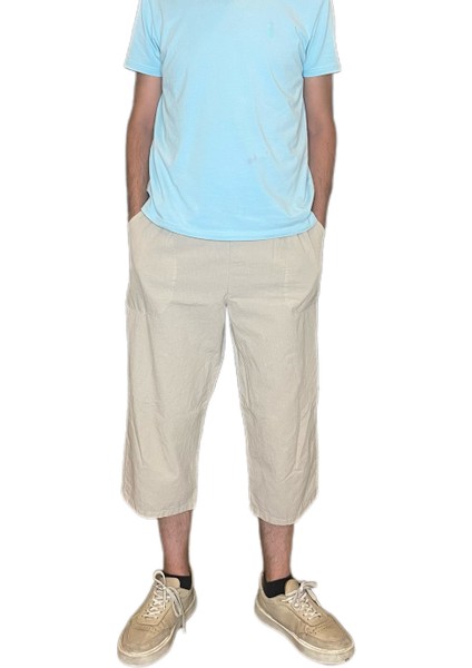 %100 Pamuk, Keten Kumaştan Beli Lastikli ve Bağcıklı Kapri Pantolon(Solma ve Çekme Yapmaz)