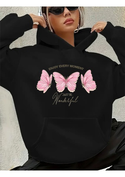 Enjoy Every Moment Detay Baskılı Içi Polarlı Kapüşonlu Sweatshirt