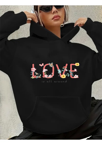 Love Yazı Detay Baskılı Içi Polarlı Kapüşonlu Sweatshirt