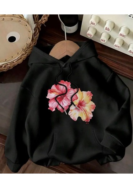 Çiçek Baskılı Içi Polarlı Kapüşonlu Sweatshirt