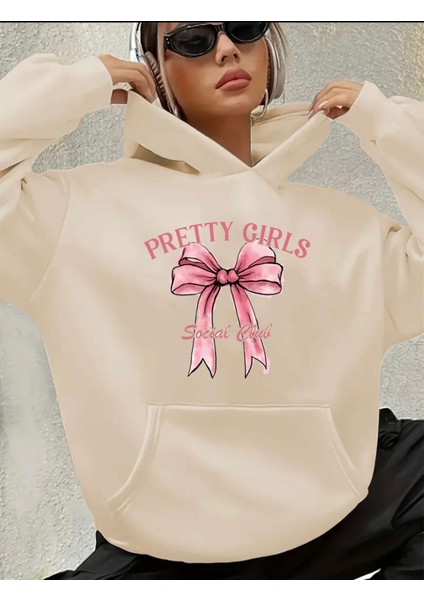 Pertty Gırls Yazı Detay Baskılı Içi Polarlı Kapüşonlu Sweatshirt