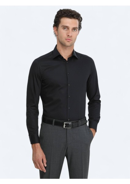 Siyah Düz Slim Fit Dokuma Klasik %100 Pamuk Gömlek