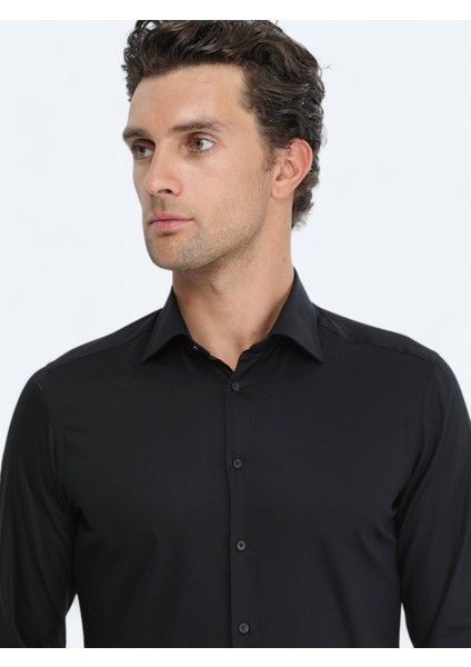 Siyah Düz Slim Fit Dokuma Klasik %100 Pamuk Gömlek fırsatları