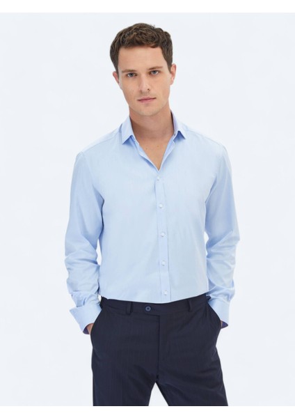 Mavi Düz Regular Fit Dokuma Klasik %100 Pamuk Gömlek