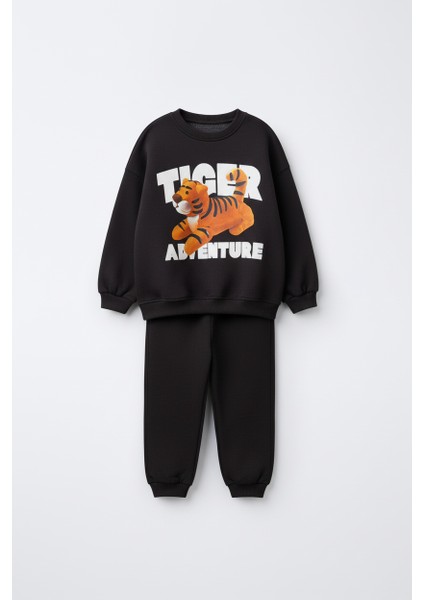 Erkek Çocuk Pamuklu Siyah Kaplan Baskılı Sweatshirt ve Eşofman Alt Takım