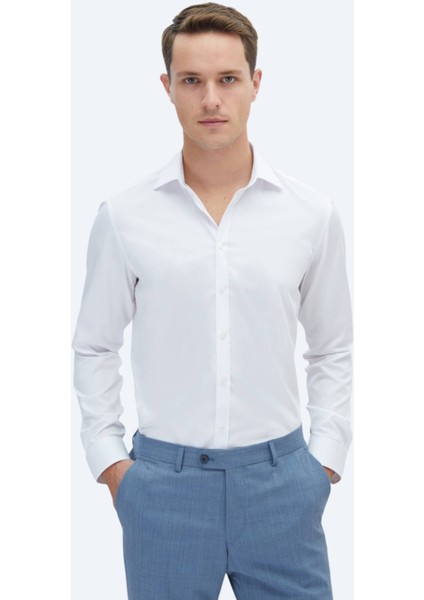 Beyaz Düz Slim Fit Dokuma Klasik %100 Pamuk Gömlek