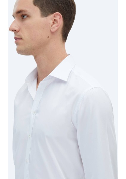 Beyaz Düz Slim Fit Dokuma Klasik %100 Pamuk Gömlek