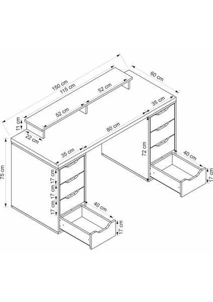 Alen 150 cm 8 Çekmeceli Çalışma & Oyuncu Masası - Beyaz