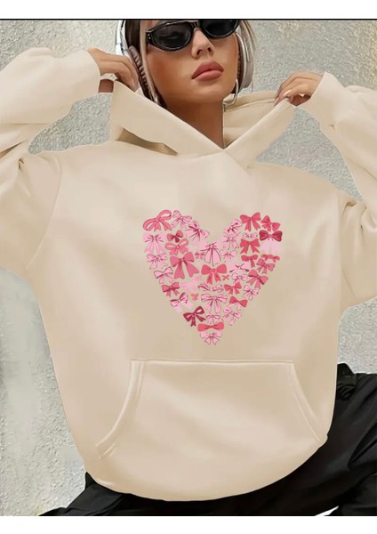 Kalp Fiyonk Baskılı Içi Polarlı Kapüşonlu Sweatshirt