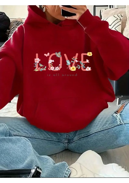Love Yazı Detay Baskılı Içi Polarlı Kapüşonlu Sweatshirt
