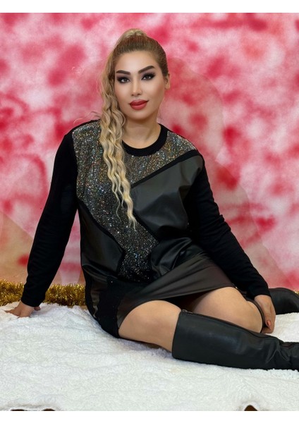 Tunik Kadın Siyah Deri Detaylı Taş Işlemeli Triko Tunik – Uzun Kollu, Yuvarlak Yaka, 75 cm indirimleri