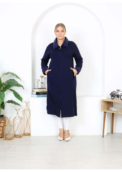 Kadın Büyük Beden Lacivert Çelik Örgü Triko Astarsız Cepli Uzun Mont 65N38455