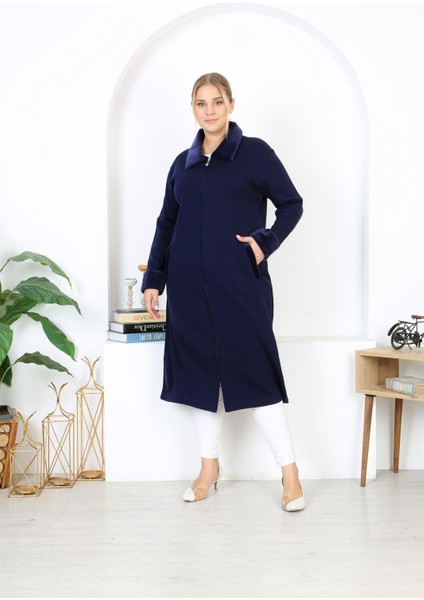 Kadın Büyük Beden Lacivert Çelik Örgü Triko Astarsız Cepli Uzun Mont 65N38455 fiyatları