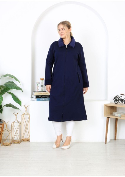 Kadın Büyük Beden Lacivert Çelik Örgü Triko Astarsız Cepli Uzun Mont 65N38455 indirimleri