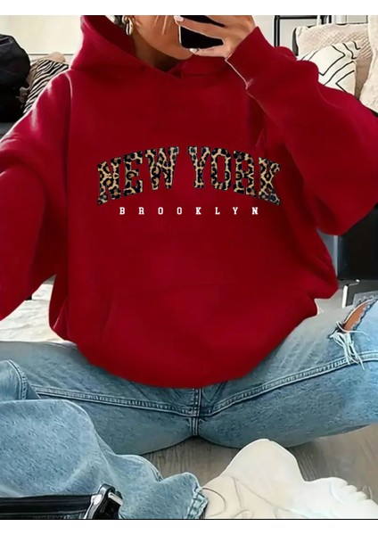 New York Yazı Detay Baskılı Içi Polarlı Kapüşonlu Sweatshirt
