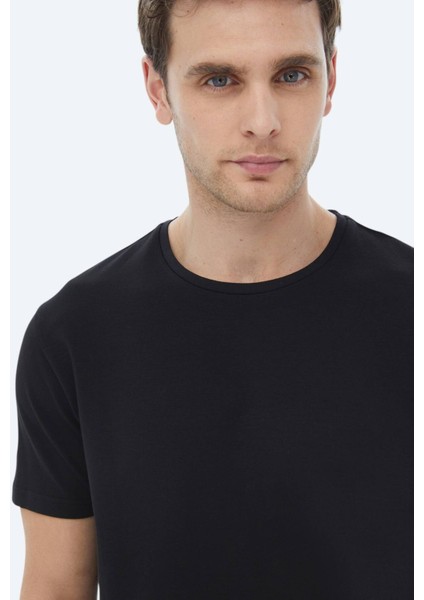 Siyah Düz Bisiklet Yaka Pamuk Karışımlı T-Shirt modelleri