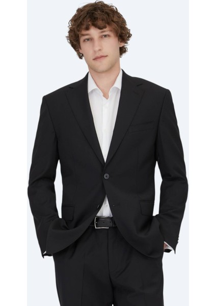 Siyah Desenli Modern Fit Yün Karışımlı Takım Elbise