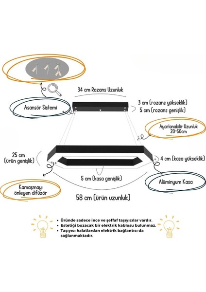 Joya ( Siyah Kasa, Sarı Işık ) Ledli Modern Sarkıt LED Avize, Salon, Mutfak, Oturma Odası modelleri