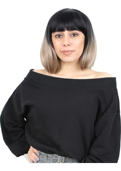 Kısa Küt Perçemli Fiber Sentetik Peruk / Siyah / Küllü Bebek Sarı Ombreli