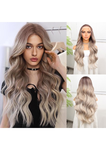 Rus Kumralı Beyaz Platin Ombre ve Röfleli Fiber Sentetik Geniş Dalgalı Tül Peruk