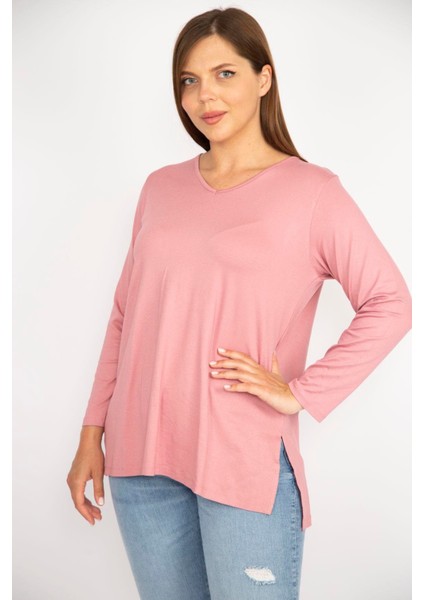Kadın Somon Büyük Beden V Yakalı Yan Yırtmaçlı Uzun Kollu Bluz