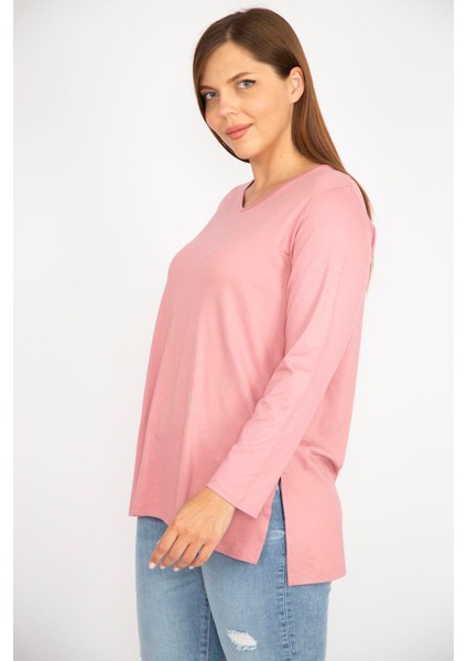 Kadın Somon Büyük Beden V Yakalı Yan Yırtmaçlı Uzun Kollu Bluz fiyatları