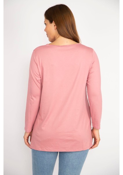 Kadın Somon Büyük Beden V Yakalı Yan Yırtmaçlı Uzun Kollu Bluz modelleri