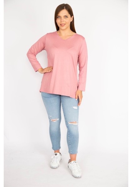 Kadın Somon Büyük Beden V Yakalı Yan Yırtmaçlı Uzun Kollu Bluz fırsatları