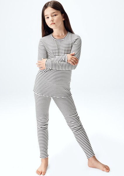 Kız Çocuk Fitilli Taytlı Takım Çizgili Renk