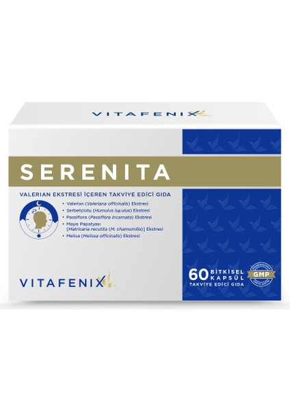 Serenita Valerian Root, Şerbetçiotu, Passiflora 60 Vegan Kapsül Takviye