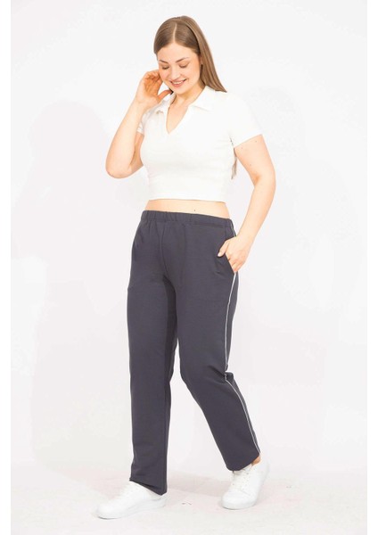 Kadın Lacivert Büyük Beden Biye Detaylı Spor Pantolon 65N35627