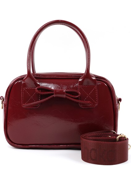 Kırışık Dokulu Bordo SHK217 Fiyonklu Suni Deri, Tek Bölmeli, Fermuarlı,kolon Askılı, El, Kol ve Omuz Çantası