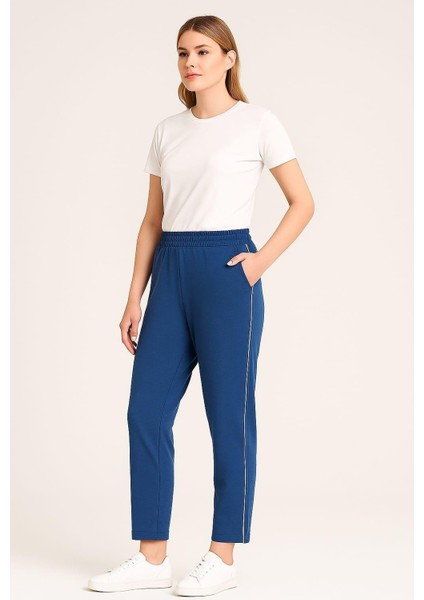 Kadın Büyük Beden Indigo Bel Lastikli, Biye Detaylı, Paça Minik Yırtmaçlı Cepli Eşofman Alt 65N39149 fiyatları