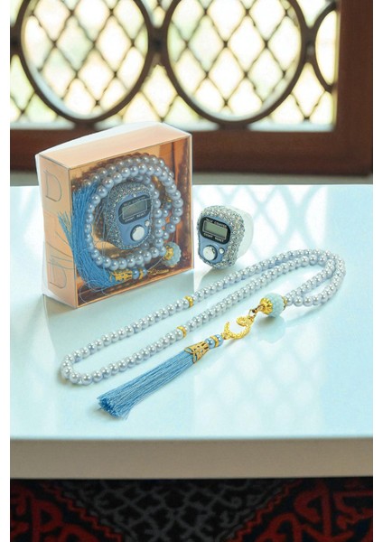 Hediyelik Taşlı Zikirmatik ve 99 Lu Inci Tesbih Kutulu Set - Mavi