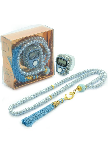 Hediyelik Taşlı Zikirmatik ve 99 Lu Inci Tesbih Kutulu Set - Mavi fiyatları
