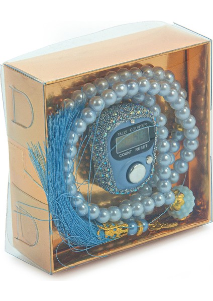 Hediyelik Taşlı Zikirmatik ve 99 Lu Inci Tesbih Kutulu Set - Mavi modelleri