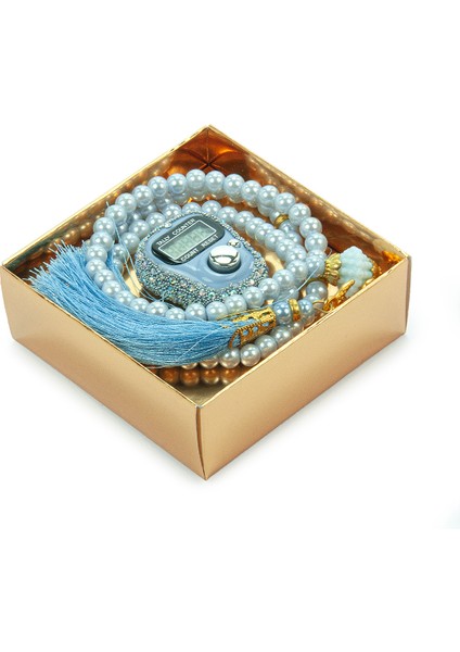 Hediyelik Taşlı Zikirmatik ve 99 Lu Inci Tesbih Kutulu Set - Mavi fırsatları