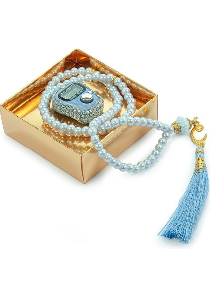 Hediyelik Taşlı Zikirmatik ve 99 Lu Inci Tesbih Kutulu Set - Mavi indirimleri