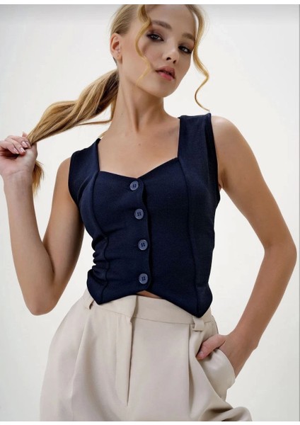 Krep Kumaş Düğmeli Yelek Lacivert S3395 modelleri