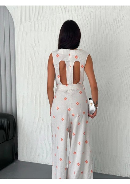 Sırt Dekolteli Keten Beyaz Tulum S1036 indirimleri