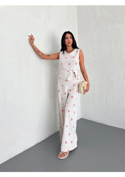 Sırt Dekolteli Keten Beyaz Tulum S1036