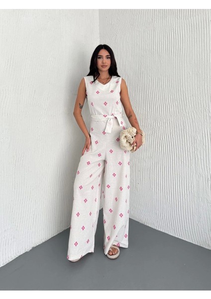 Sırt Dekolteli Keten Beyaz Tulum S1036