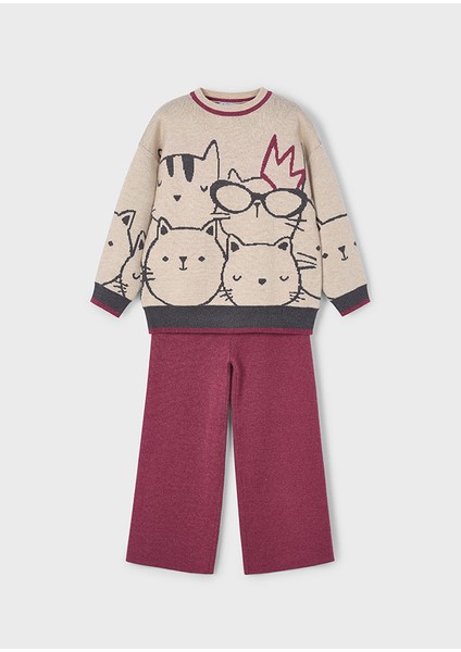 Kız Çocuk Kazak ve Pantolon Takımı | Baskılı Kazak & Vişne Palazzo Pantolon | 4-10 Yaş fiyatları