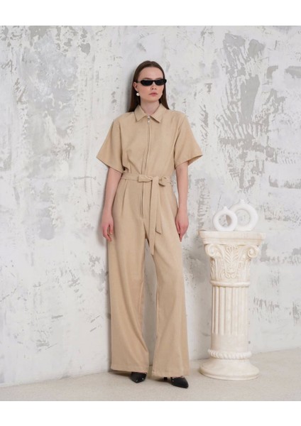 Kuşaklı Gömlek Yaka Salaş Tulum Bej S255822