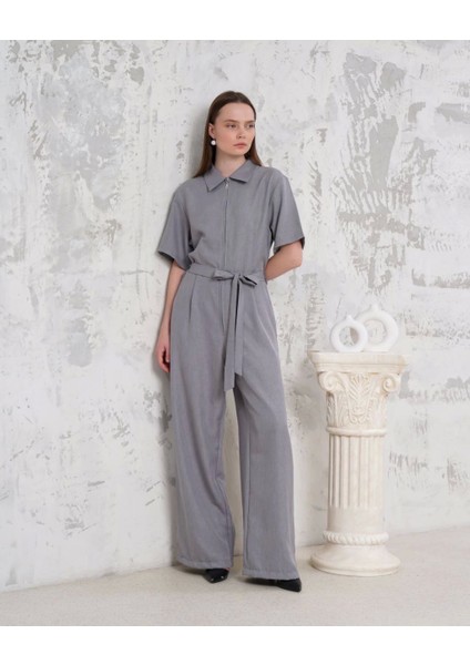 Kuşaklı Gömlek Yaka Salaş Tulum Gri S255822 modelleri