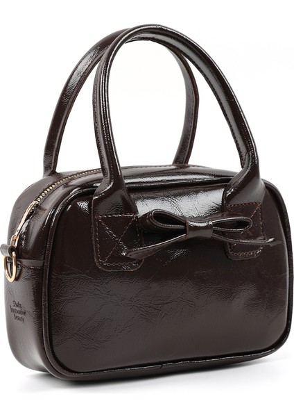 Kırışık Dokulu Kahverengi SHK217 Fiyonklu Suni Deri, Tek Bölmeli, Fermuarlı,kolon Askılı, El, Kol ve Omuz Çantası fiyatları