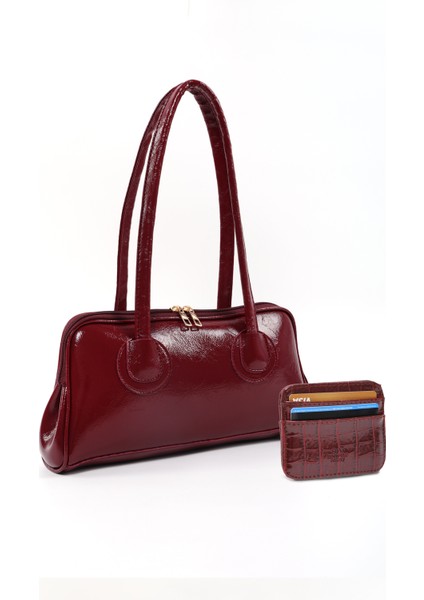 Bordo SHK251 Kırışık Suni Deri Fermuarlı Omuz Çantası ve Kroko Cüzdan Seti (SHK227-SHK181)